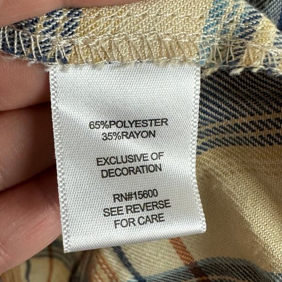 Women's Kate & Sam Cream Blue Crochet Lace Plaid Button Up Flannel Top Boho XL - Picture 7 of 8